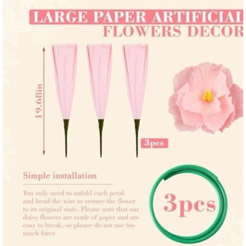 (30) 3 Pcs 5ft Large Paper Pink Poppy Artificial Flower Birthday,wedding,party